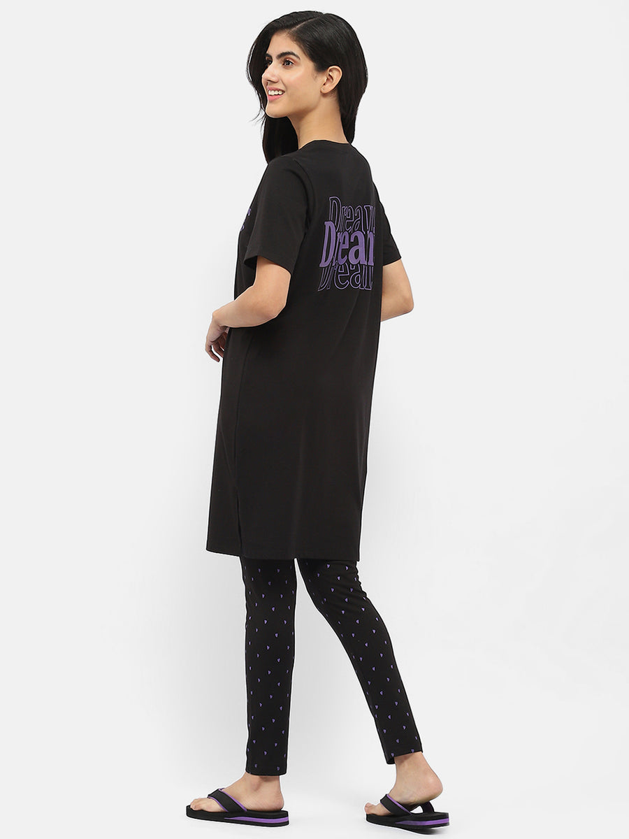 Msecret Typography Black Sleep Shirt with Pajama Night Suit