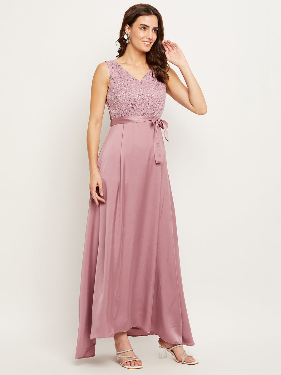 Madame Pink Embellished Belted Fit-Flare Dress