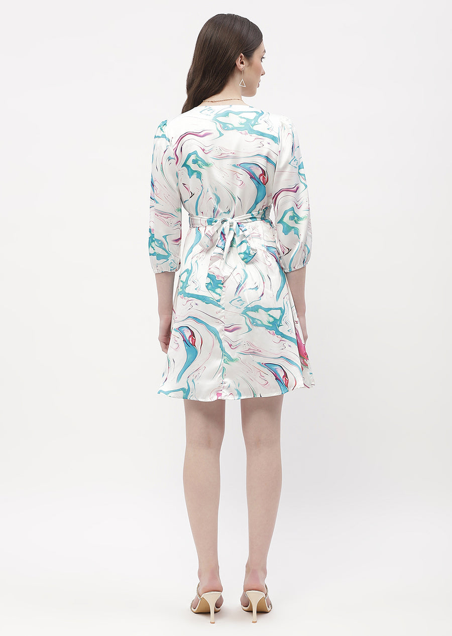 Madame Surplice Neck Off-White Abstract Print Wrap Dress