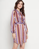 Camla Barcelona Striped Waist Belted Purple Wrap Dress