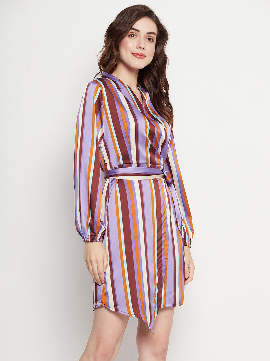 Camla Barcelona Striped Waist Belted Purple Wrap Dress