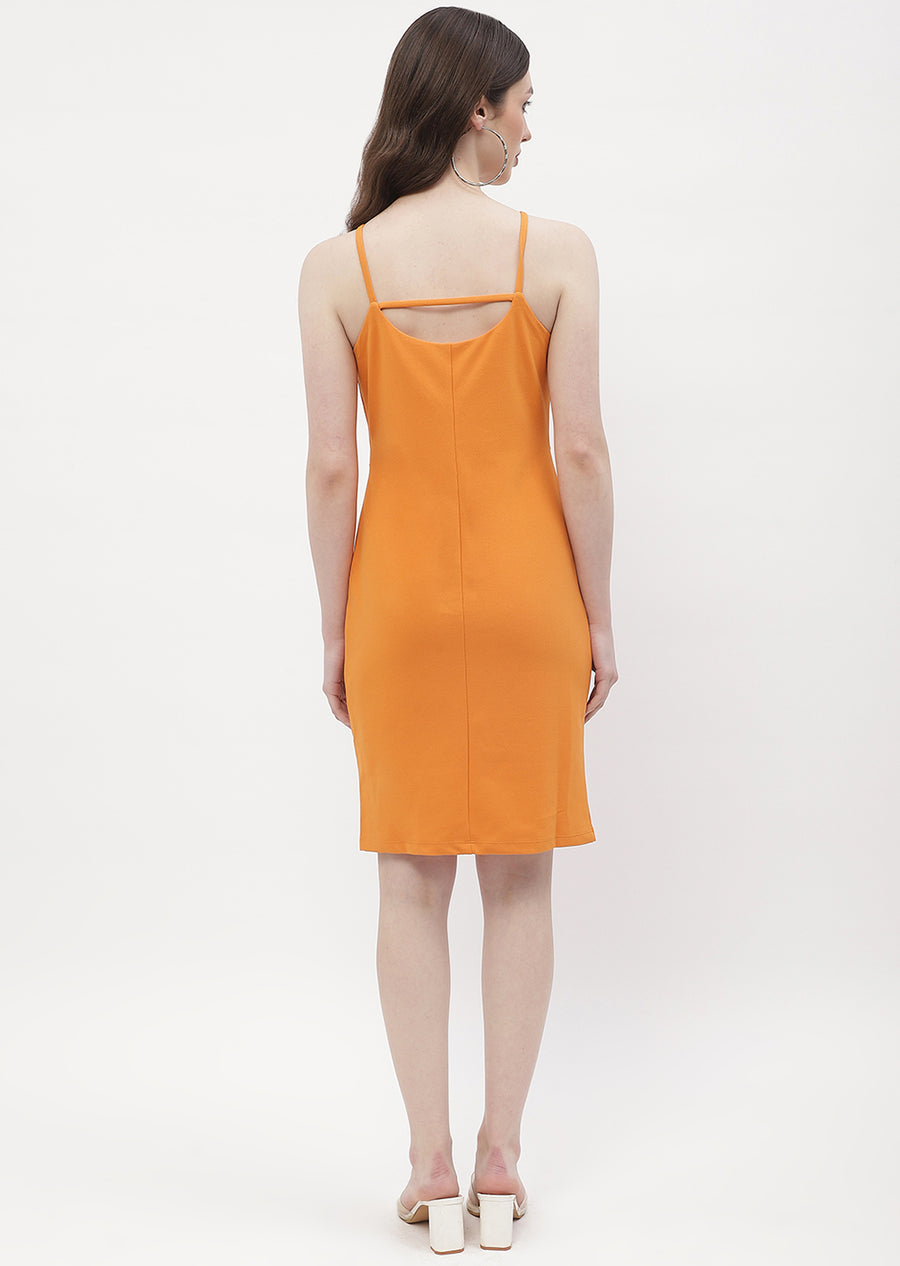 Madame Solid Orange Halter Neck Bodycon Dress