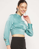 Camla Barcelona Peasent Sleeve Aqua Blue Cinched Waist Crop Top