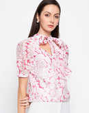 Camla Barcelona Bow Tie Floral Print Puffed Sleeves Top