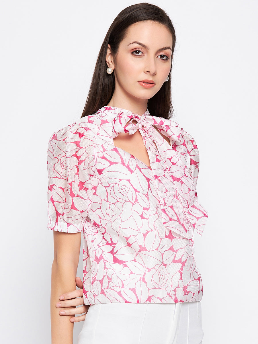 Camla Barcelona Bow Tie Floral Print Puffed Sleeves Top