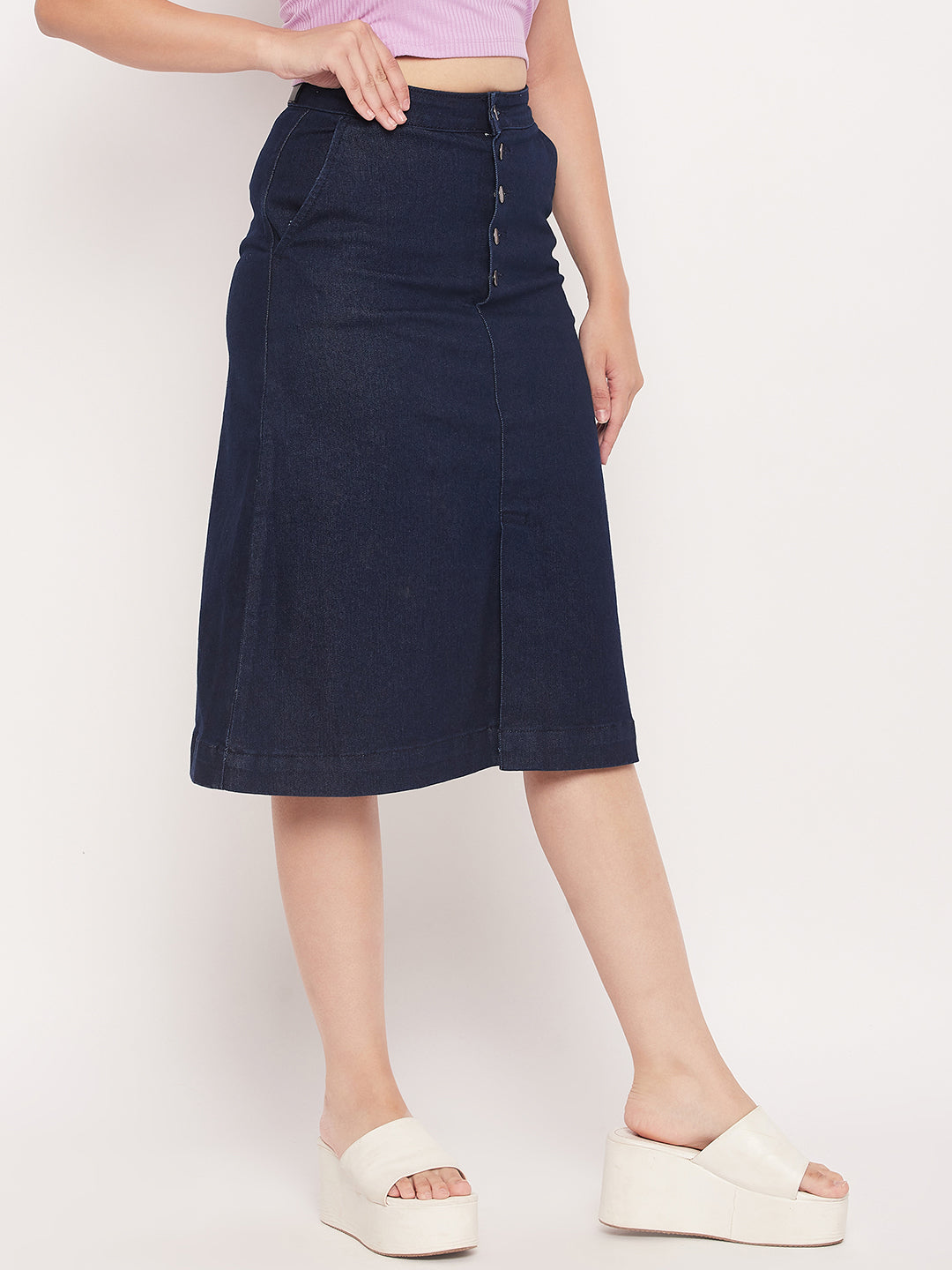 Madame Navy Front Slit A-Line Denim Skirt