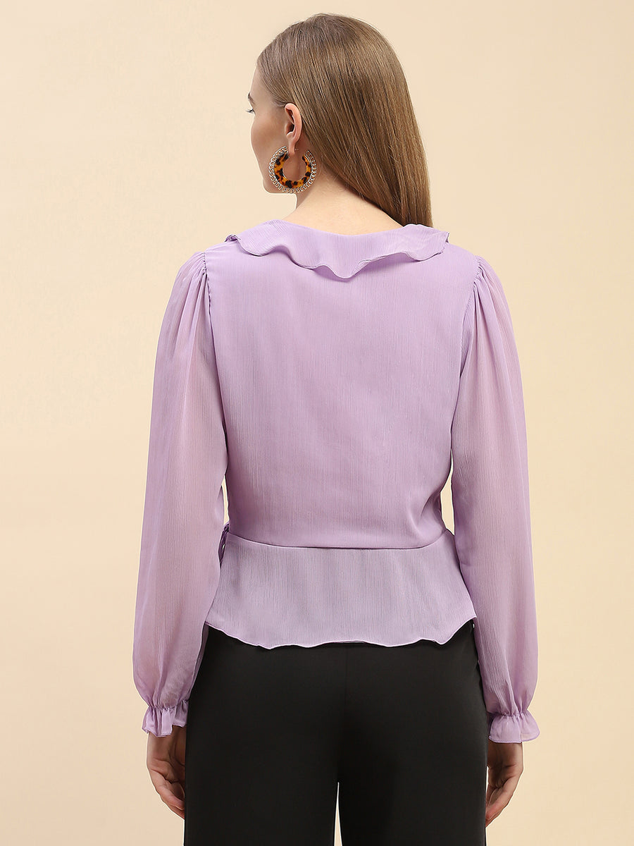 Camla Barcelona Ruffle Surplice Neck Lavender Wrap Top