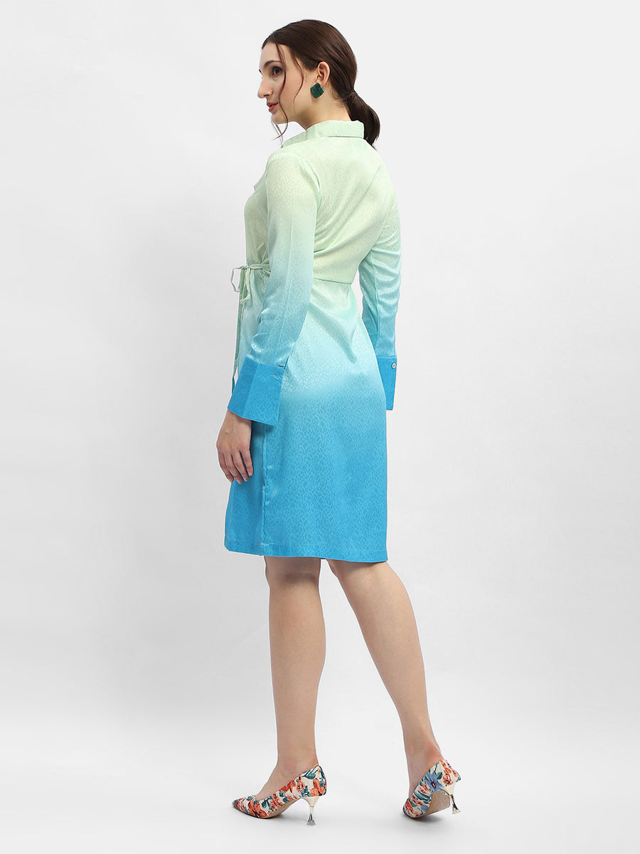 Madame Ombre Effect Sky Blue Tie-Waist Shirt Dress