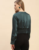 Camla Barcelona Embellished Cuffs Green Satin Top