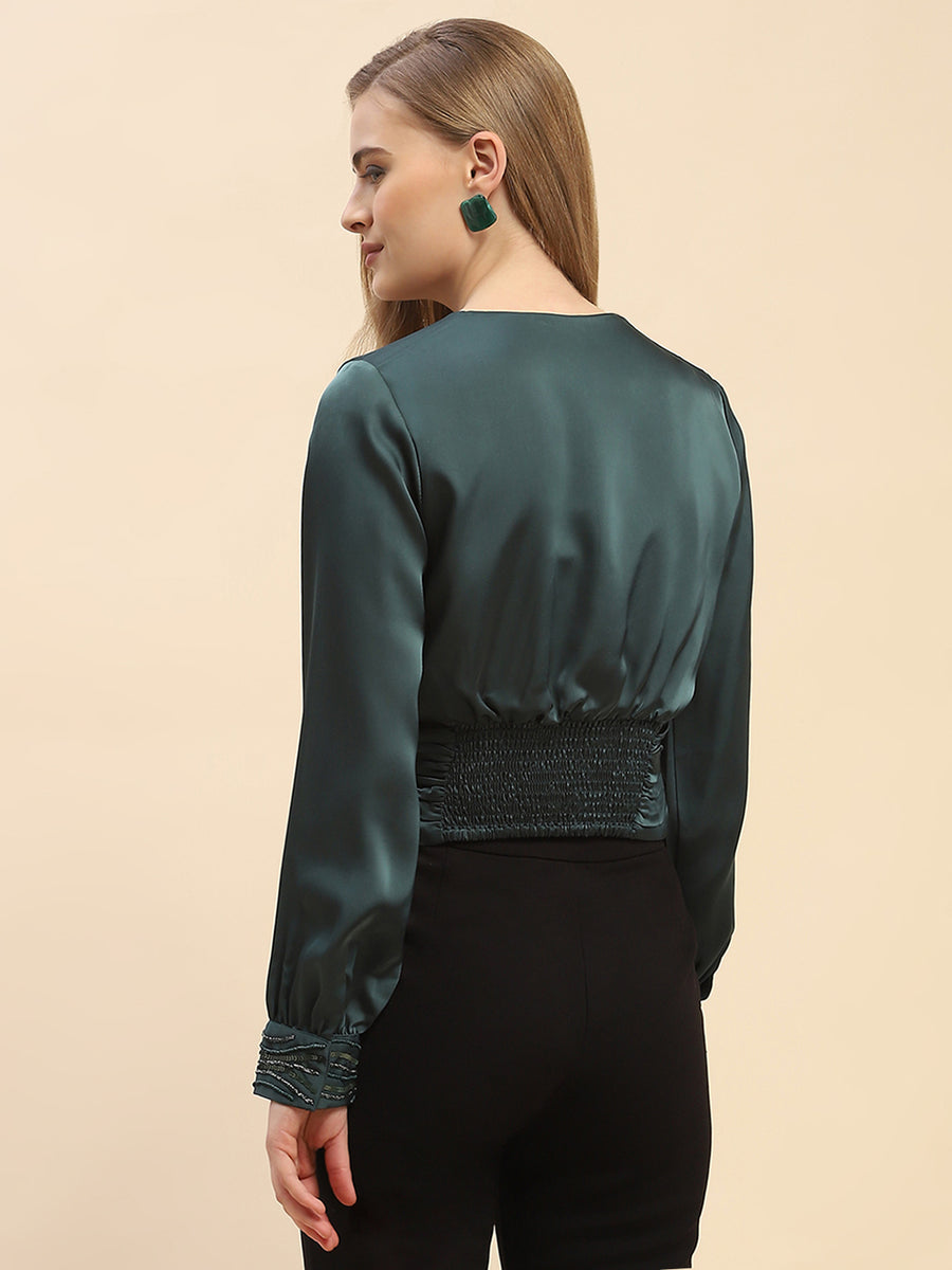 Camla Barcelona Embellished Cuffs Green Satin Top