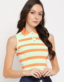 Camla Barcelona Peach Striped  Collared Crop Tshirt