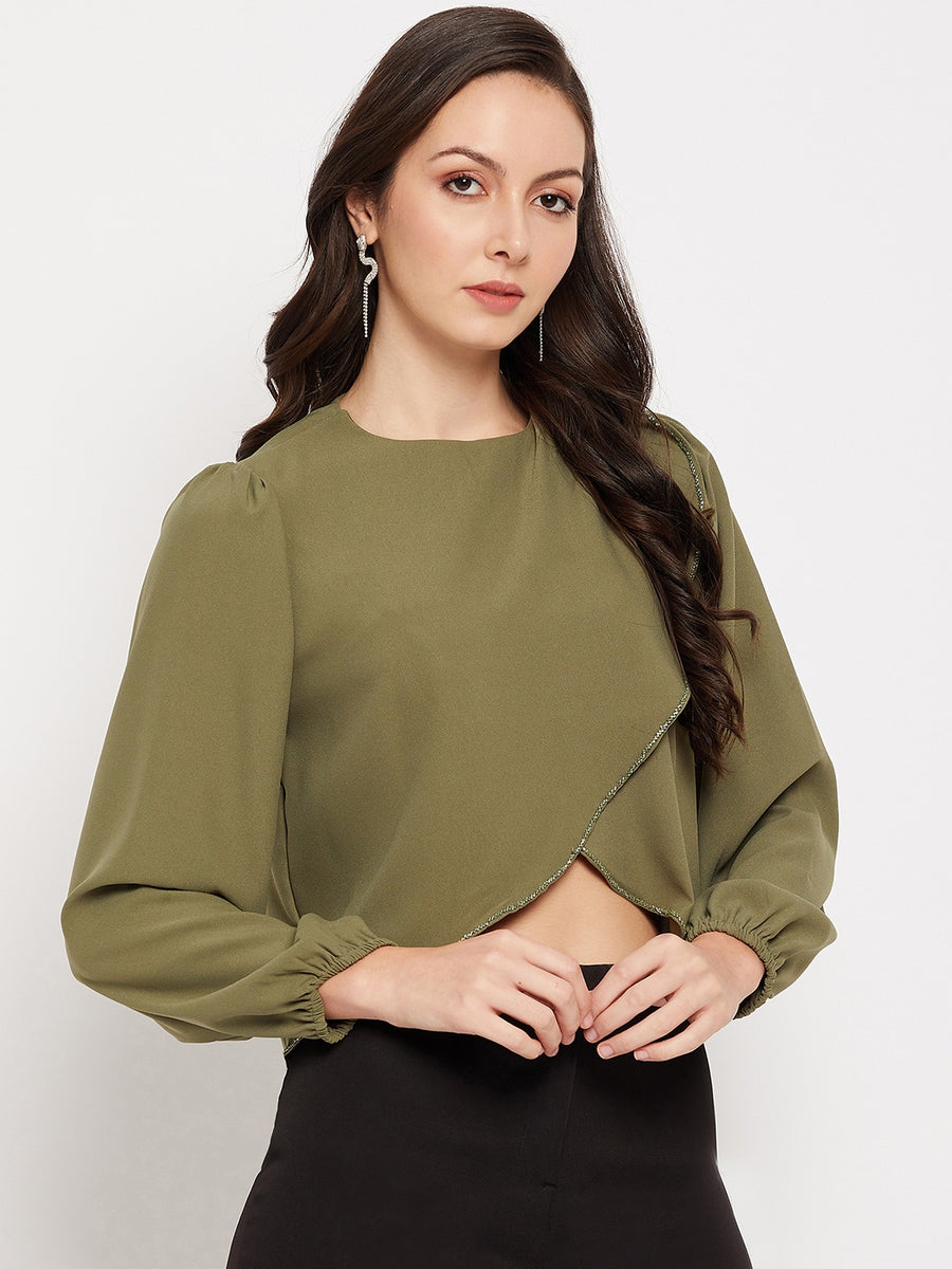 Camla Barcelona Dark Green Embellished Wrap  Top