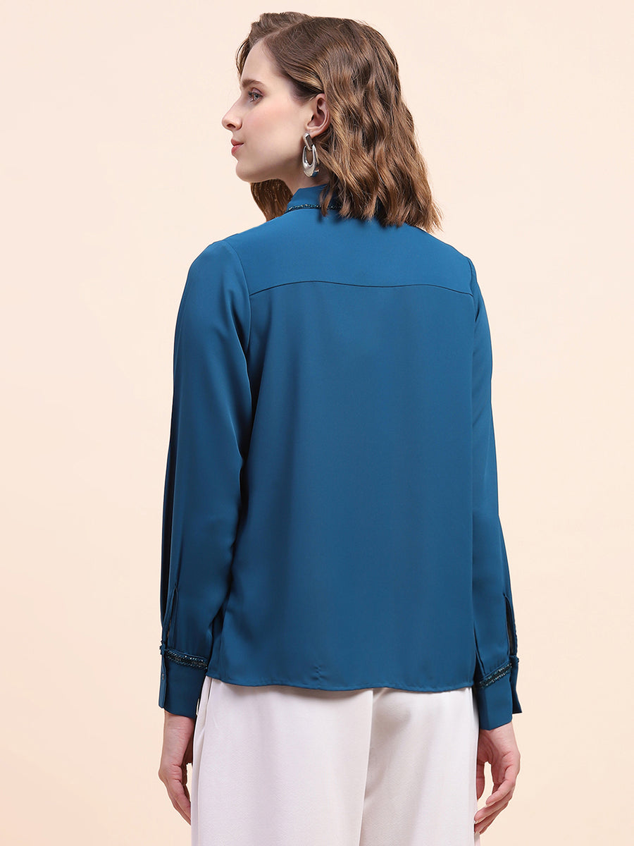 Camla Barcelona Embellished Marinetal Teal Regular Shirt
