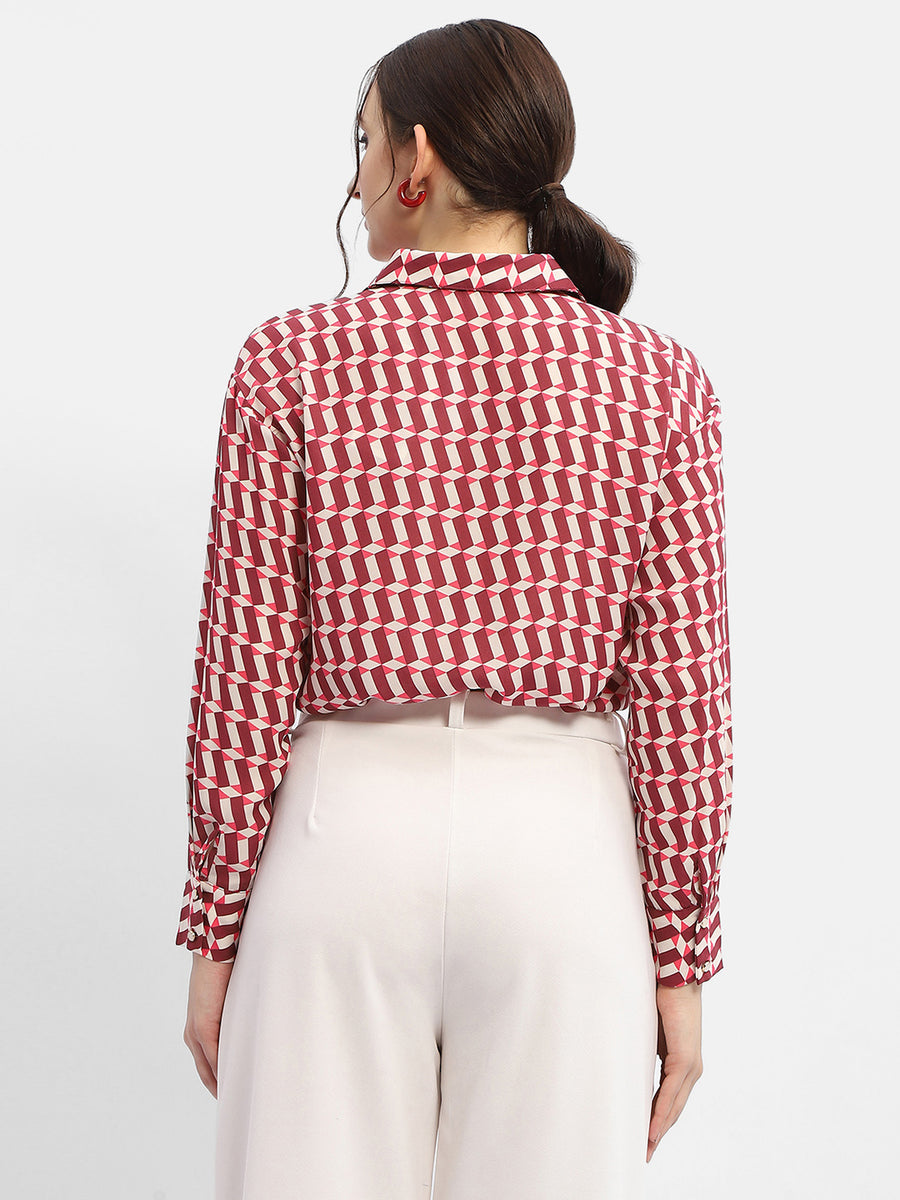 Madame Geometric Print Maroon Crop Shirt