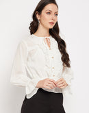 Camla Barcelona Necktie Ruffle Detail White Top