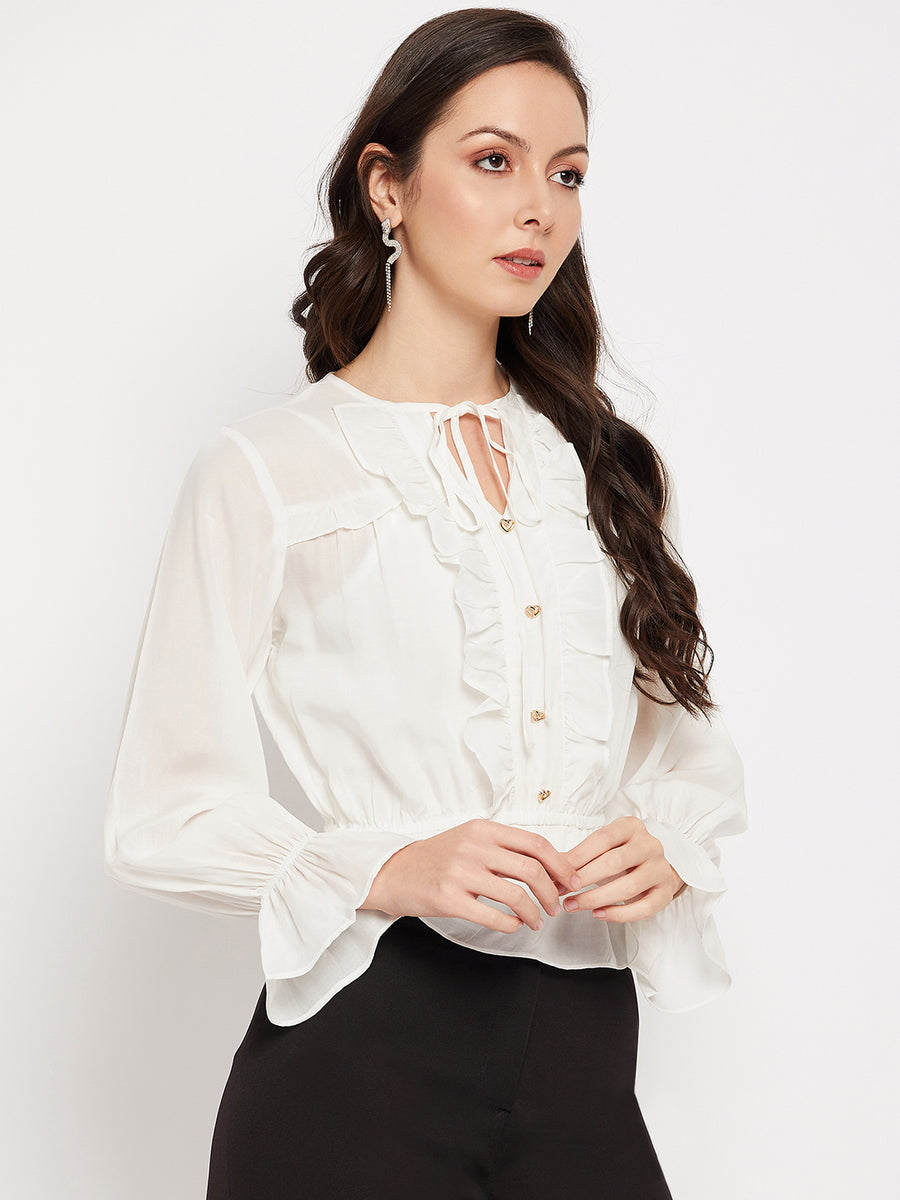 Camla Barcelona White Knot Detailed Bishop Sleeves Top