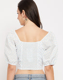 Camla Barcelona White Square Neckline Puffed Sleeves Crop Top