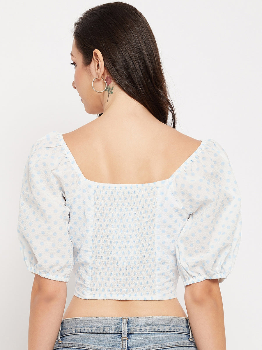 Camla Barcelona White Square Neckline Puffed Sleeves Crop Top