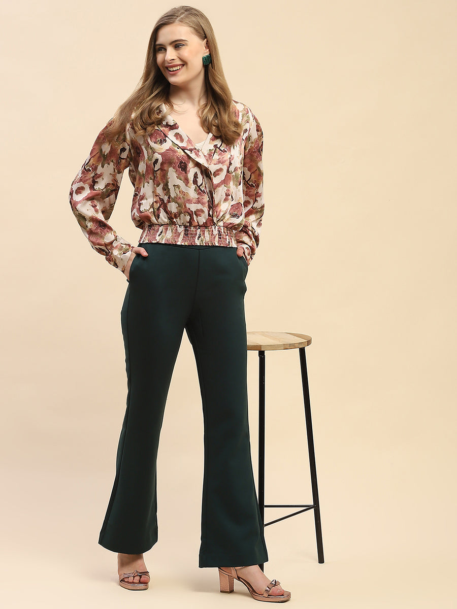 Camla Barcelona Solid Emerald Green Flared Trouser