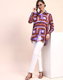 Camla Barcelona Geometric Print Cuff Sleeve Purple Shirt