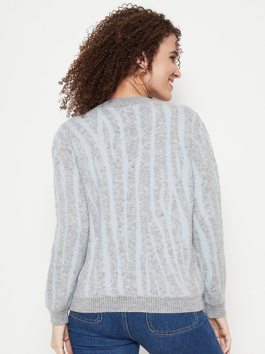 Madame Grey Round Neck Printed Sweater