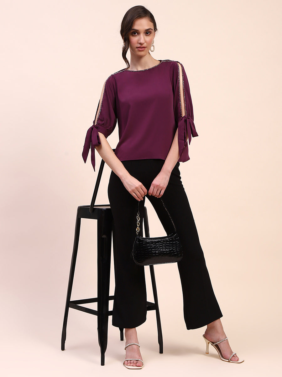 Camla Barcelona Tie Detailed Crew Neck Solid Wine Top