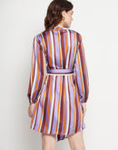 Camla Barcelona Striped Waist Belted Purple Wrap Dress