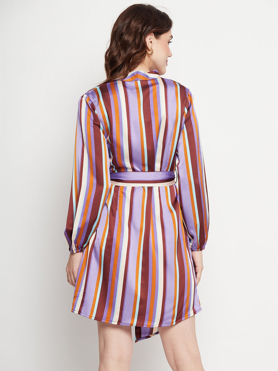 Camla Barcelona Striped Waist Belted Purple Wrap Dress