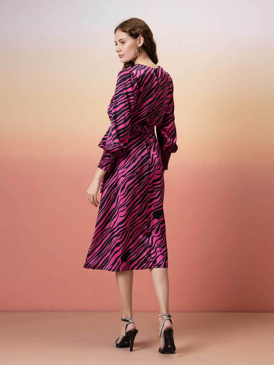 Madame Animal Print Fit & Flare Belted Pink Dress