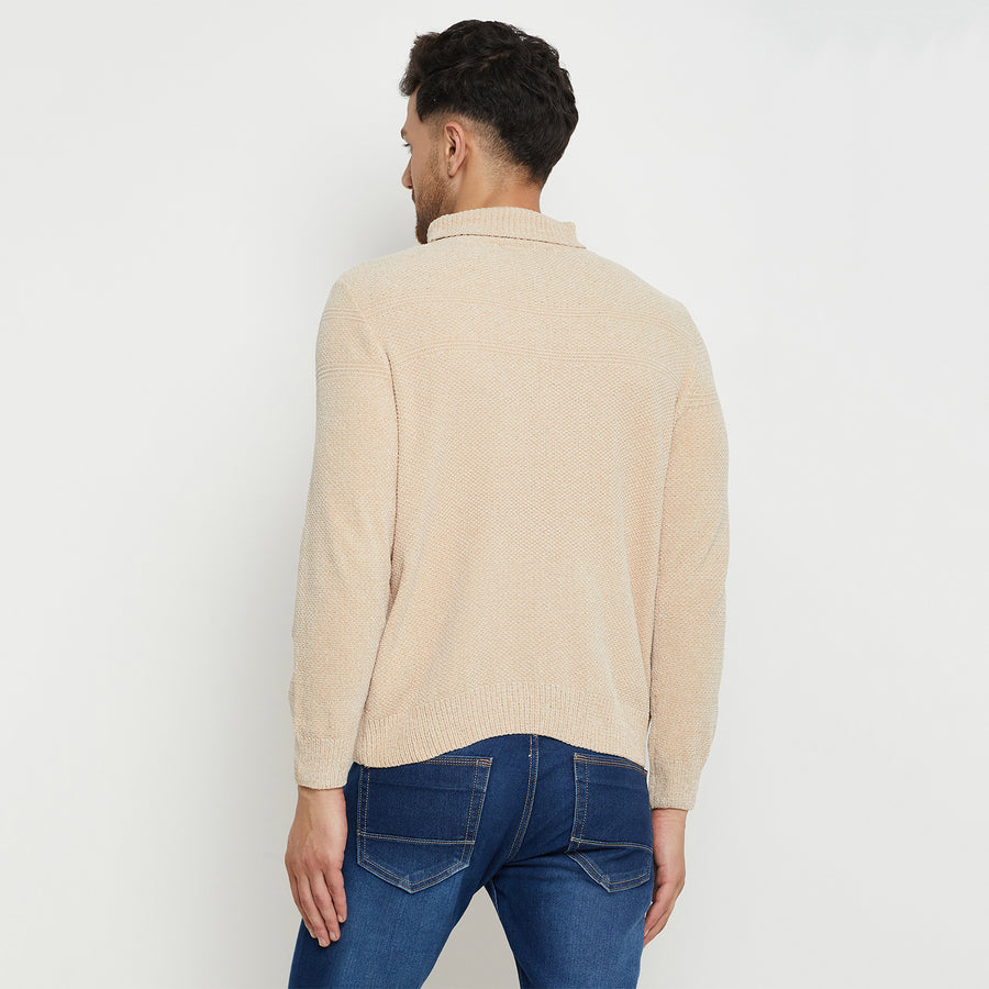 Camla Barcelona Solid Beige Turtleneck Sweater For Men