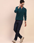 Camla Barcelona Polo Neck Teal Half Zip Cotton Knitted T-Shirt