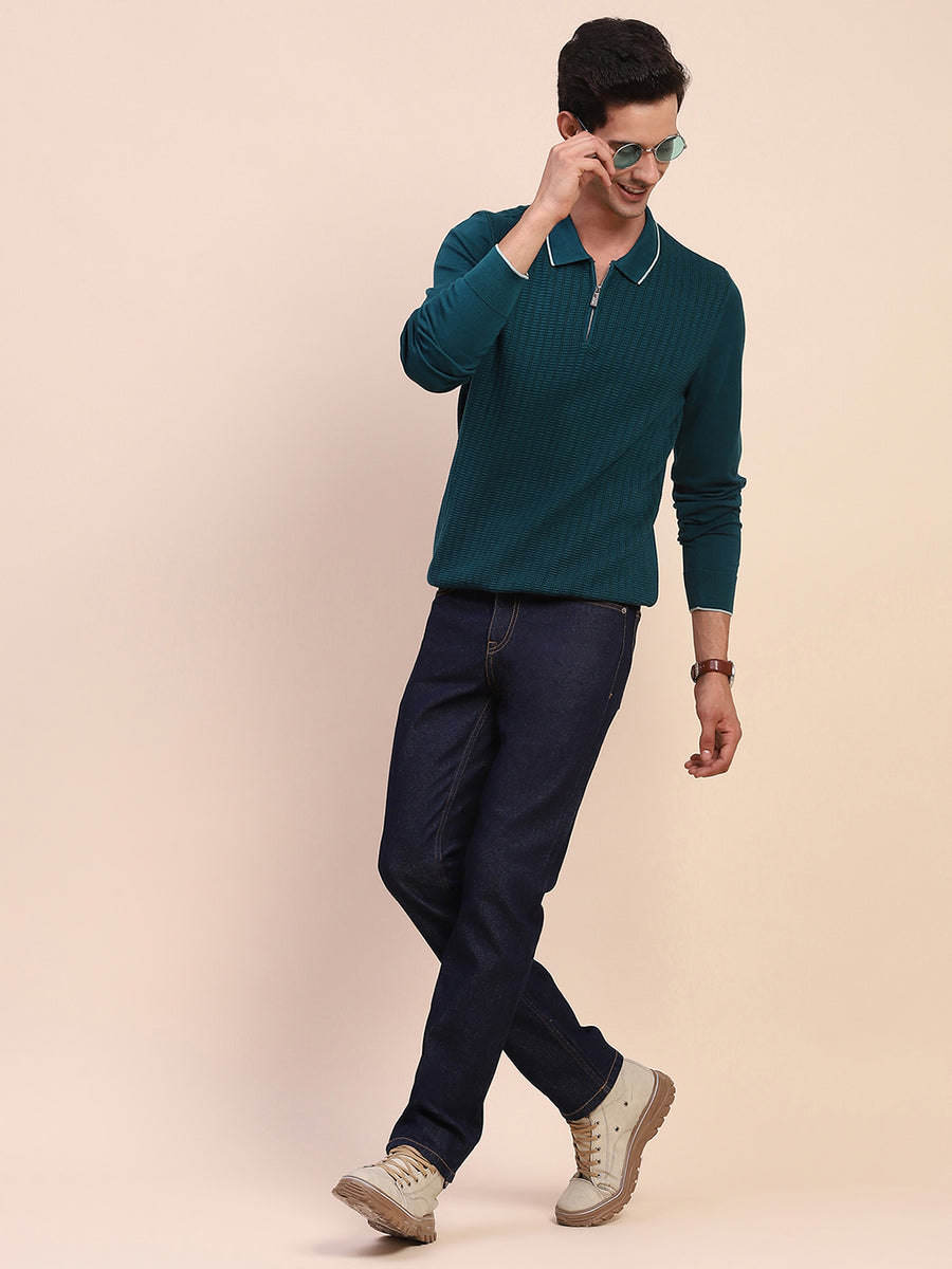 Camla Barcelona Polo Neck Teal Half Zip Cotton Knitted T-Shirt
