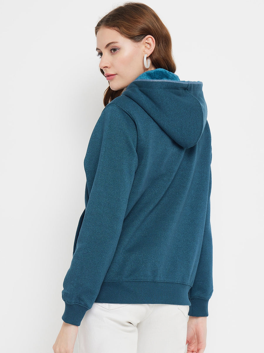 Madame Solid Teal Blue Hooded Sweatshirt