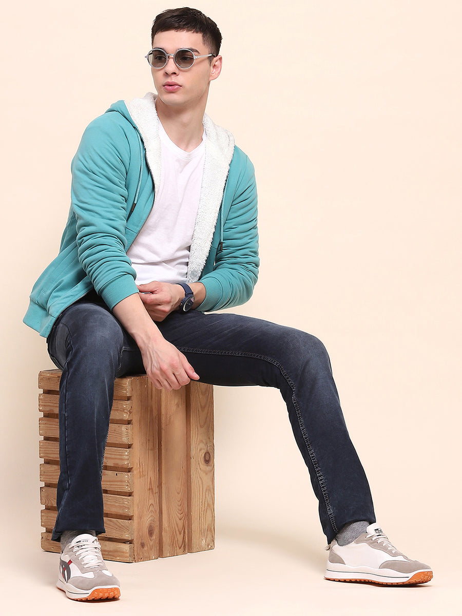 Camla Barcelona Cotton Zipper and Hooded Turquoise Sweatshirt