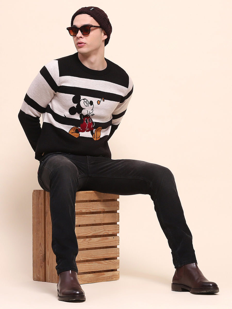 Camla Barcelona Striped Disney Printed Black Sweater