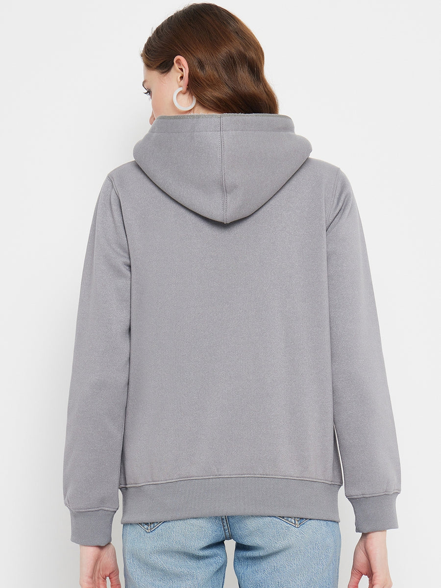 Madame Solid Grey Hooded Sweatshirt