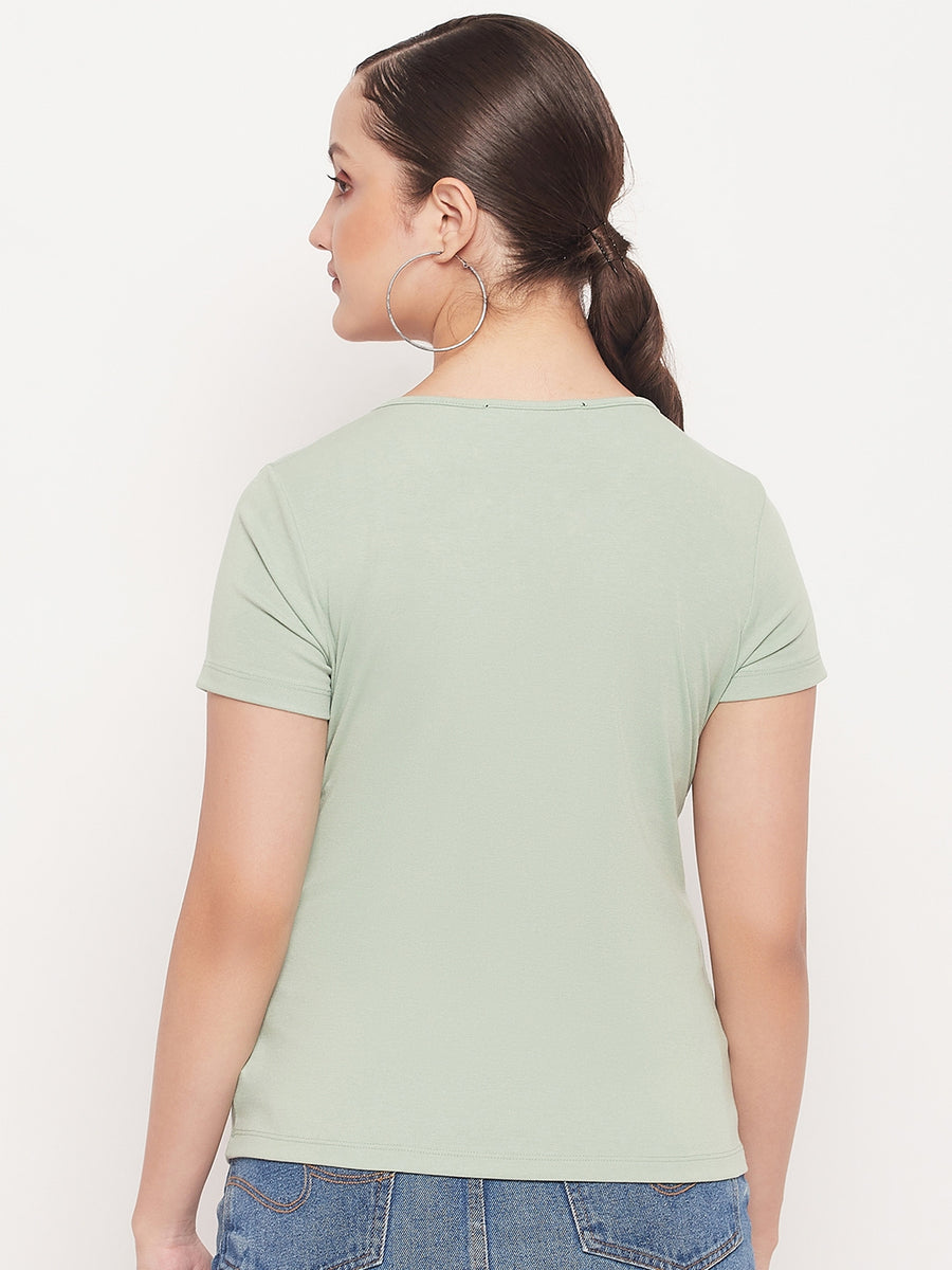 Madame Green Deep V Neck Fitted Cotton Tshirt