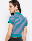 Camla Barcelona Teal Striped Collared Crop  Tshirt