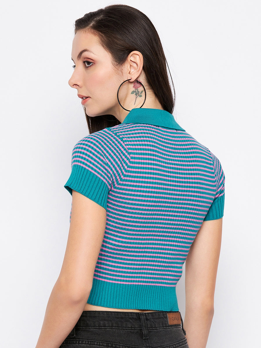 Camla Barcelona Teal Striped Collared Crop  Tshirt