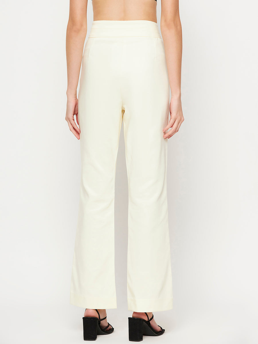 Camla Barcelona Elasticated Flared Solid Off White Trouser For Women