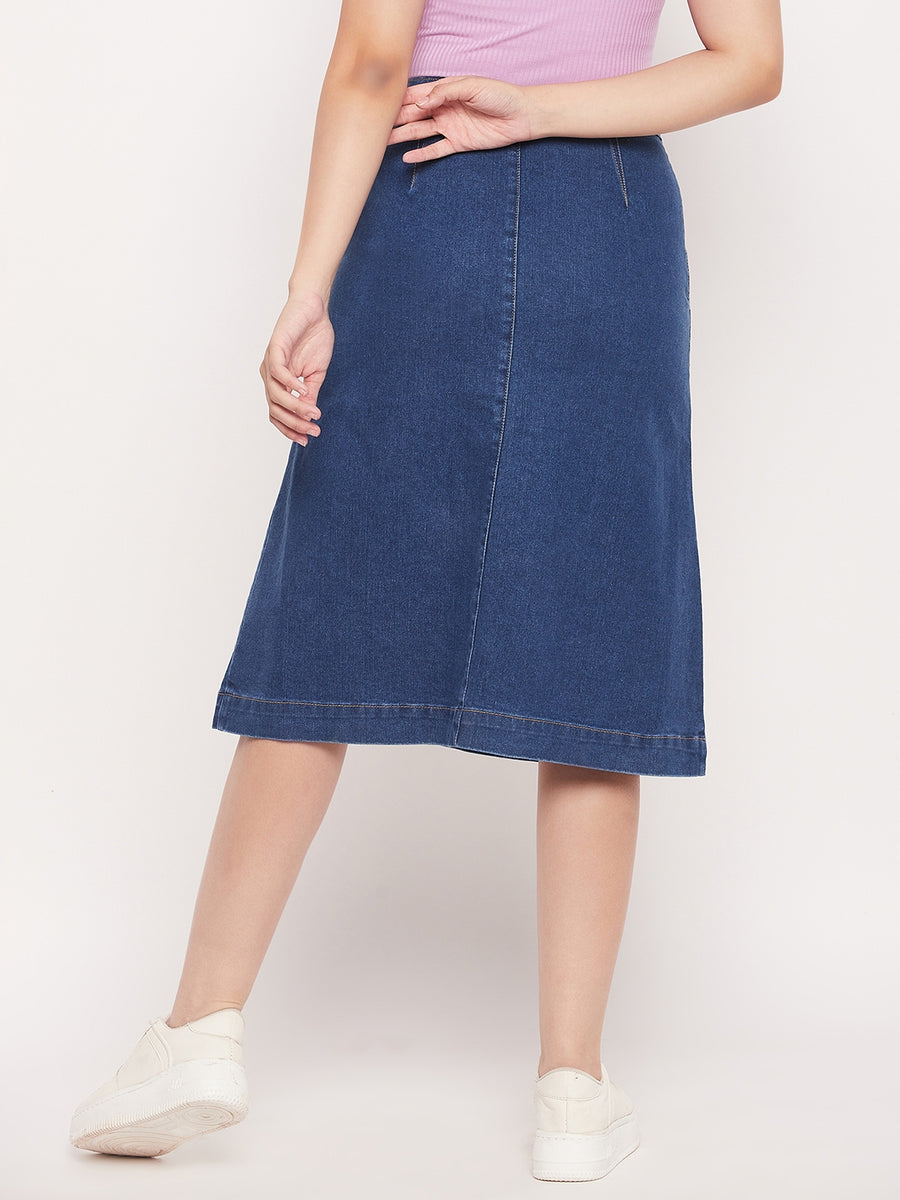 Madame Blue Front Slit A-Line Denim Skirt