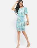 Madame Abstract Print Sky Blue Shimmery Dress