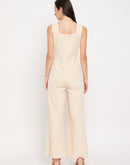 Camla Barcelona Cream Gold Chain Detailed V Neck Jumpsuit