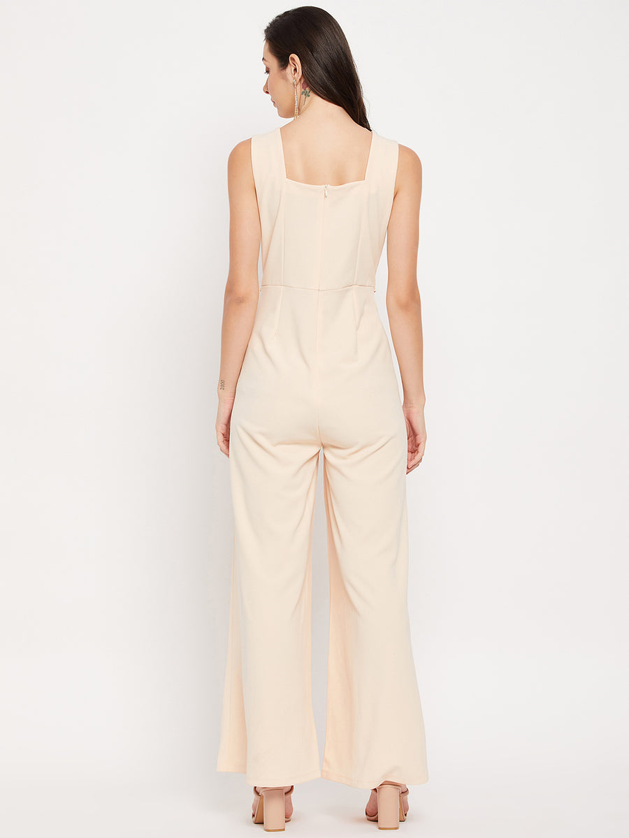 Camla Barcelona Cream Gold Chain Detailed V Neck Jumpsuit