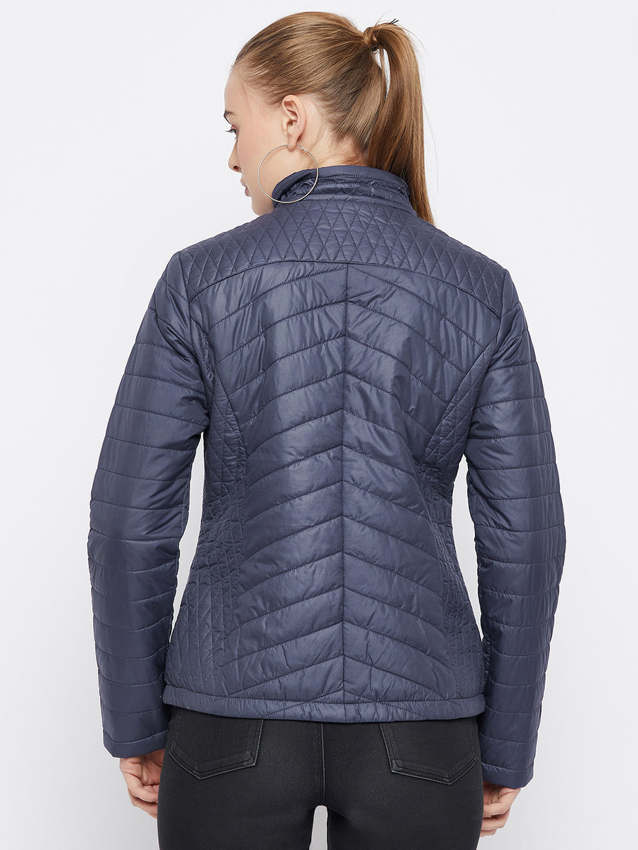 Madame Stand Collar Navy Blue Quilted Jacket