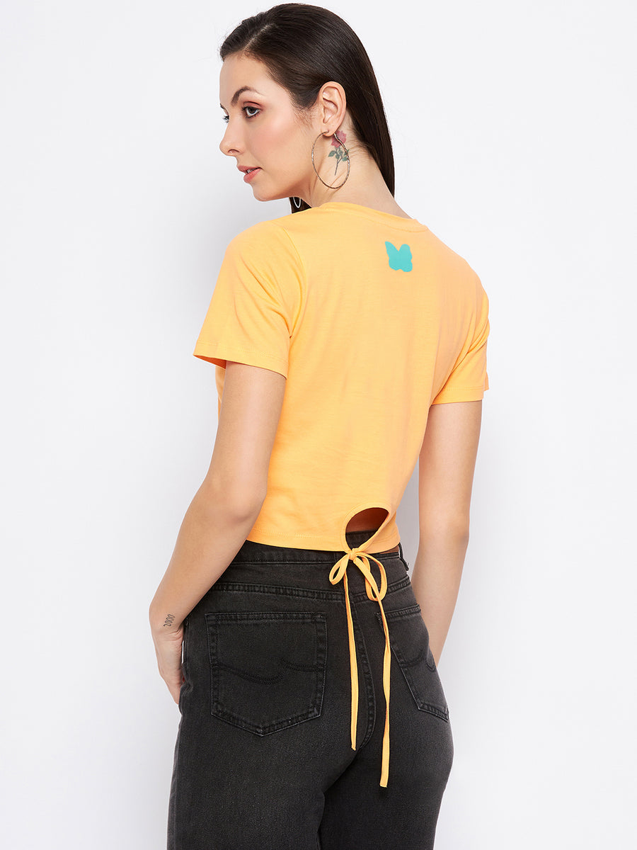 Madame Orange Cotton Knot Detailed Crop Tshirt