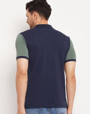 Camla Barcelona Navy Blue And Green Colourblocked Polo Neck T-Shirt
