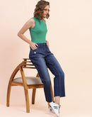 Camla Barcelona Mock Neck Emerald Green Ribbed Top