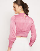 Camla Barcelona Peasent Sleeve Pink Cinched Waist Crop Top