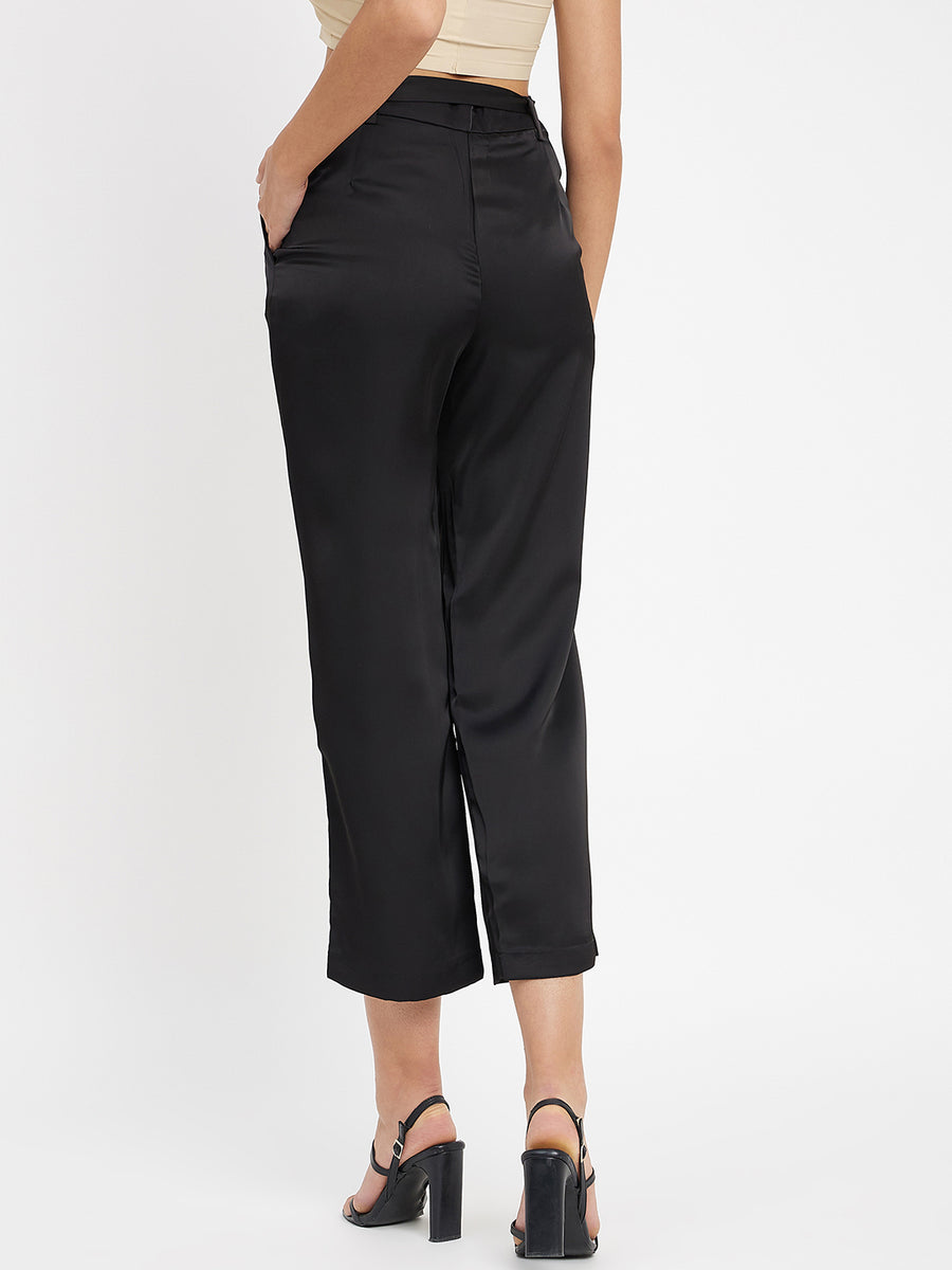 Madame Belted Solid Black Trousers